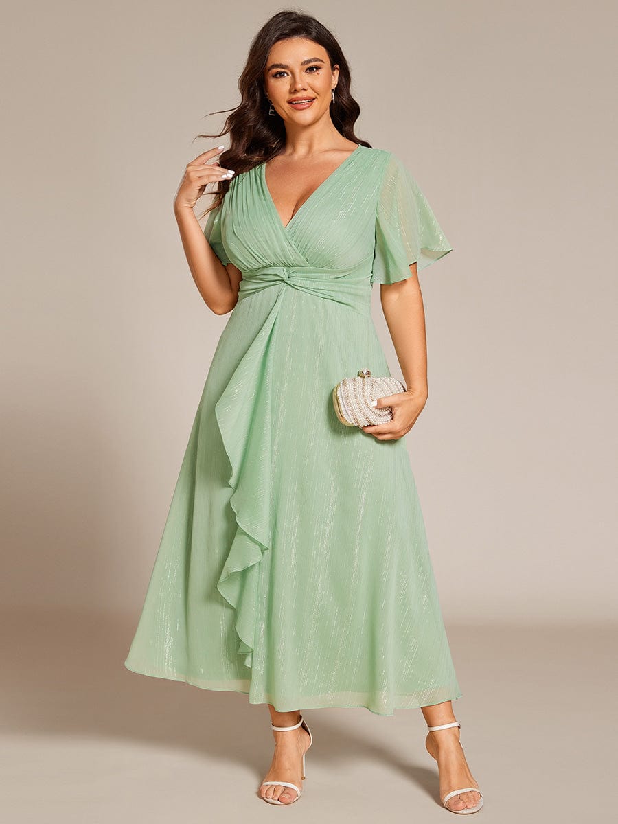 Silver Metallic Fabric V-Neck A-Line Dress featuring Delicate Ruffled Hem #color_Summer Green