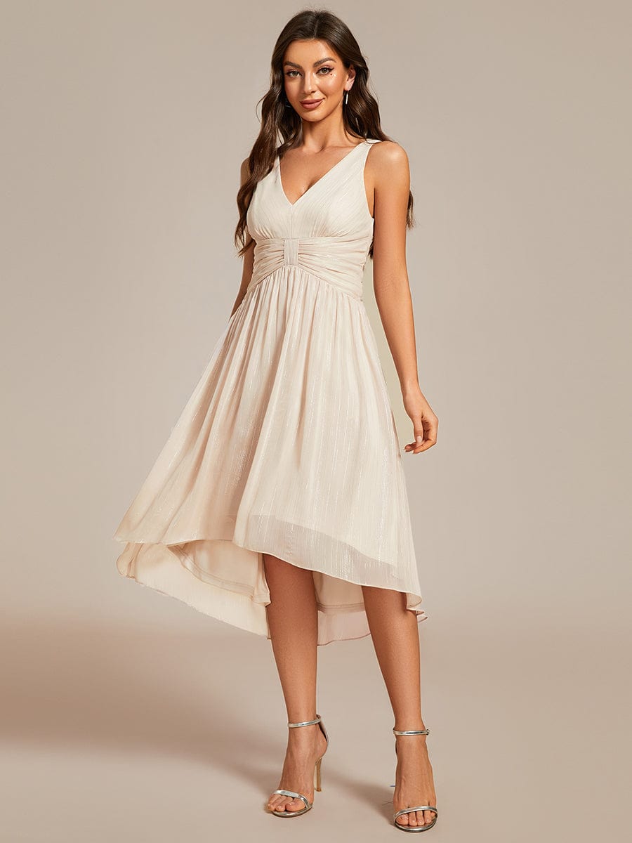 V-Neck High-Low Glitter Sleeveless Wedding Guest Dress with Pleated #color_Champagne