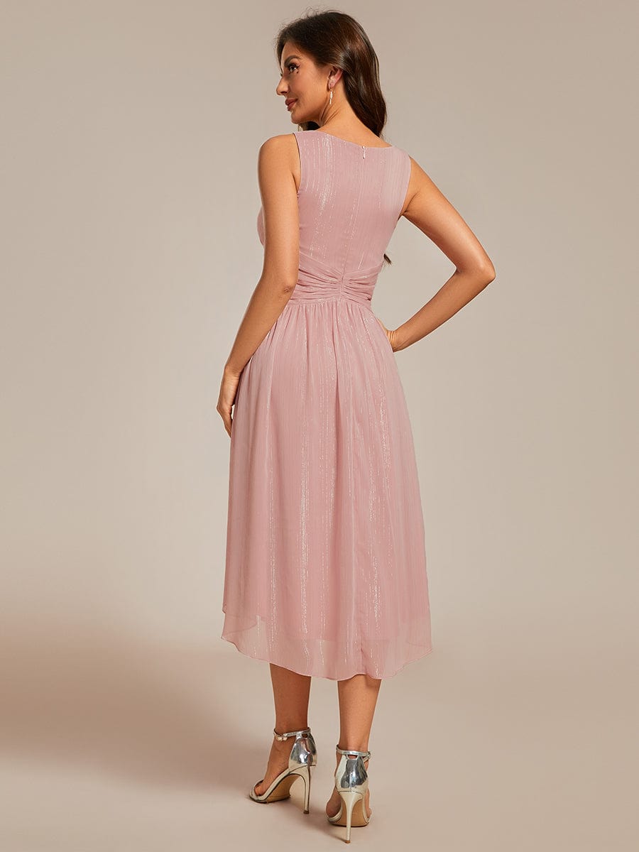 V-Neck High-Low Glitter Sleeveless Wedding Guest Dress with Pleated #color_Dusty Rose