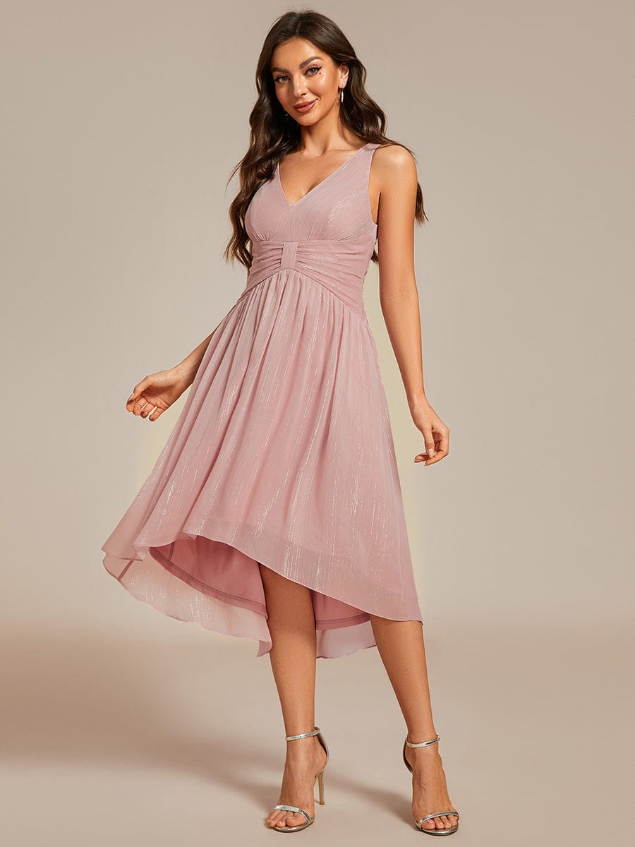 V-Neck High-Low Glitter Sleeveless Wedding Guest Dress with Pleated #color_Dusty Rose