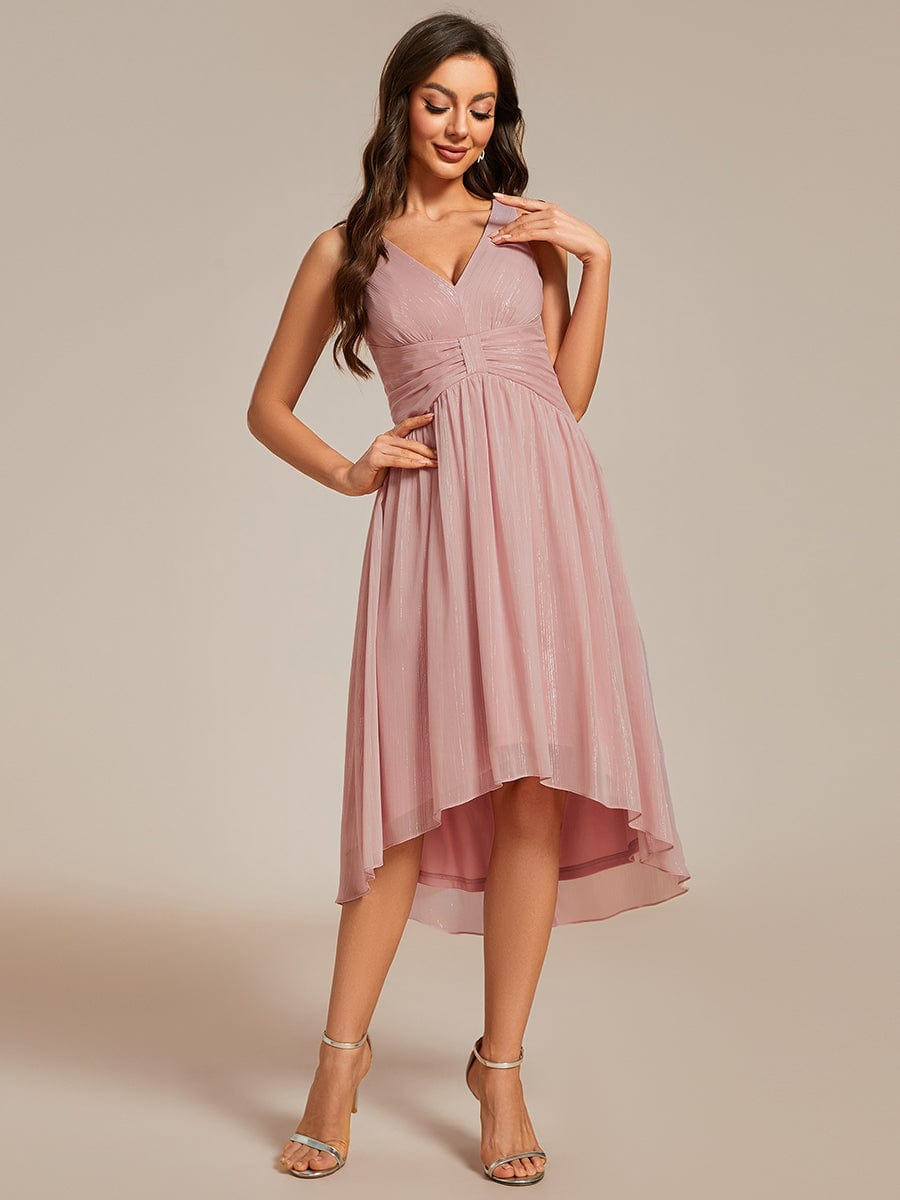 V-Neck High-Low Glitter Sleeveless Wedding Guest Dress with Pleated #color_Dusty Rose