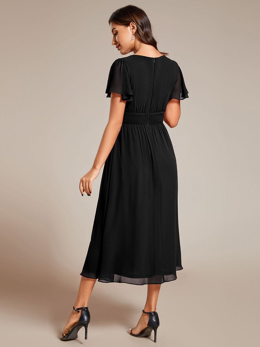 Elegant V-Neck Ruffle Sleeves Empire Waist Wedding Guest Dress in Chiffon #color_Black