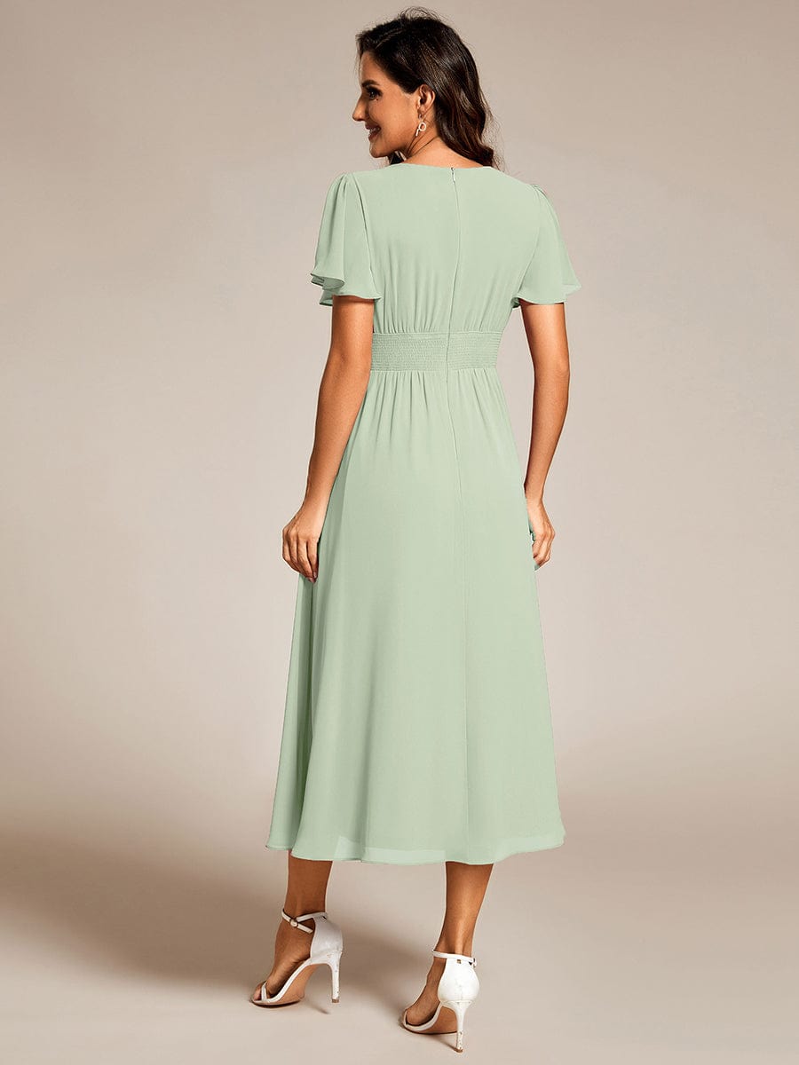 Elegant V-Neck Ruffle Sleeves Empire Waist Wedding Guest Dress in Chiffon #color_Mint Green