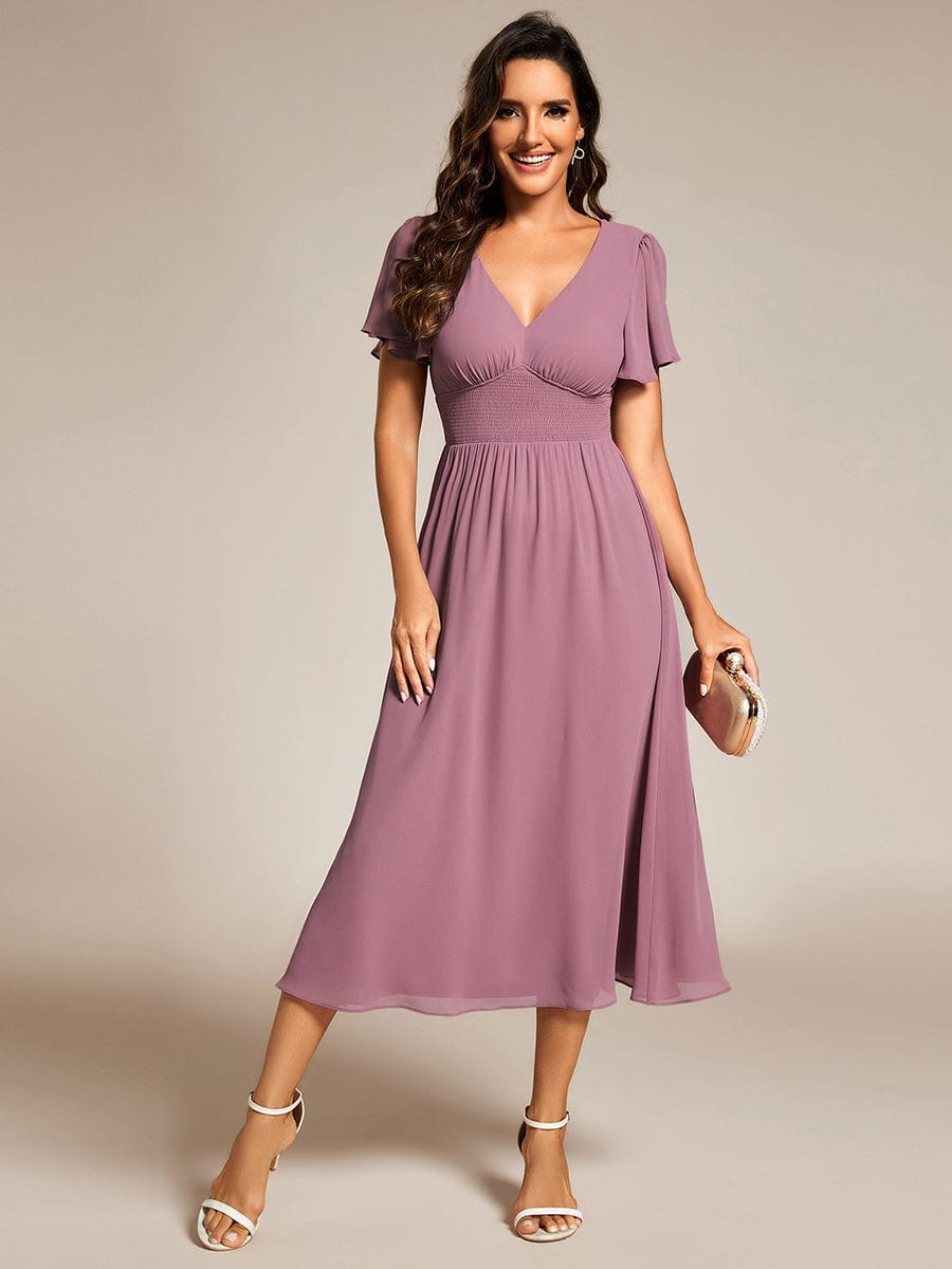 Elegant V-Neck Ruffle Sleeves Empire Waist Wedding Guest Dress in Chiffon #color_Purple Orchid