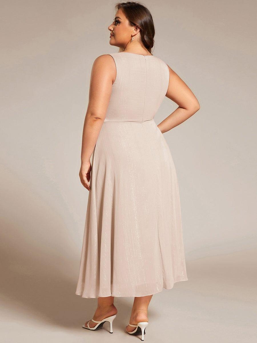 Plus Size Sleeveless Glittery Ruffled V-Neck Midi Wedding Guest Dress #color_Champagne