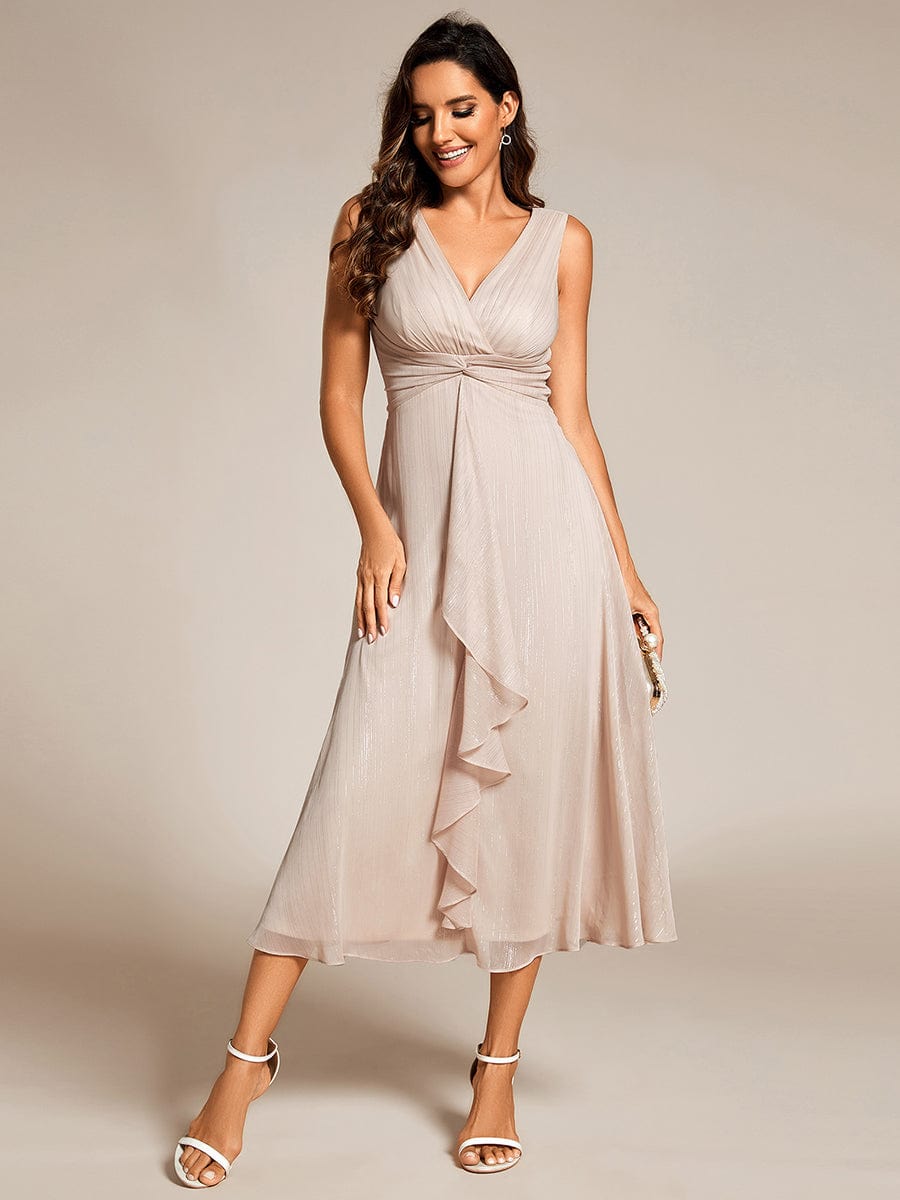Glitter Sleeveless A-Line Midi Wedding Guest Dress with Ruffled Hem #color_Champagne