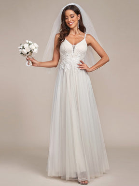 A Line Spaghetti Straps V Neck Floor Ivory Tulle Beach Wedding Dress with  Appliques – Simibridaldresses