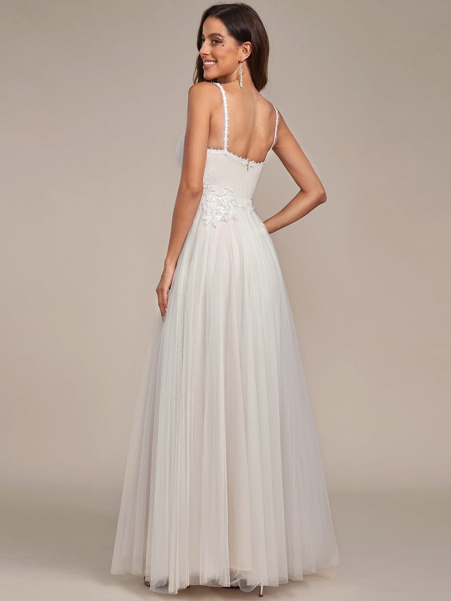 Tulle Floral Spaghetti Strap Illusion V-Neck A-Line Wedding Dress #color_Ivory