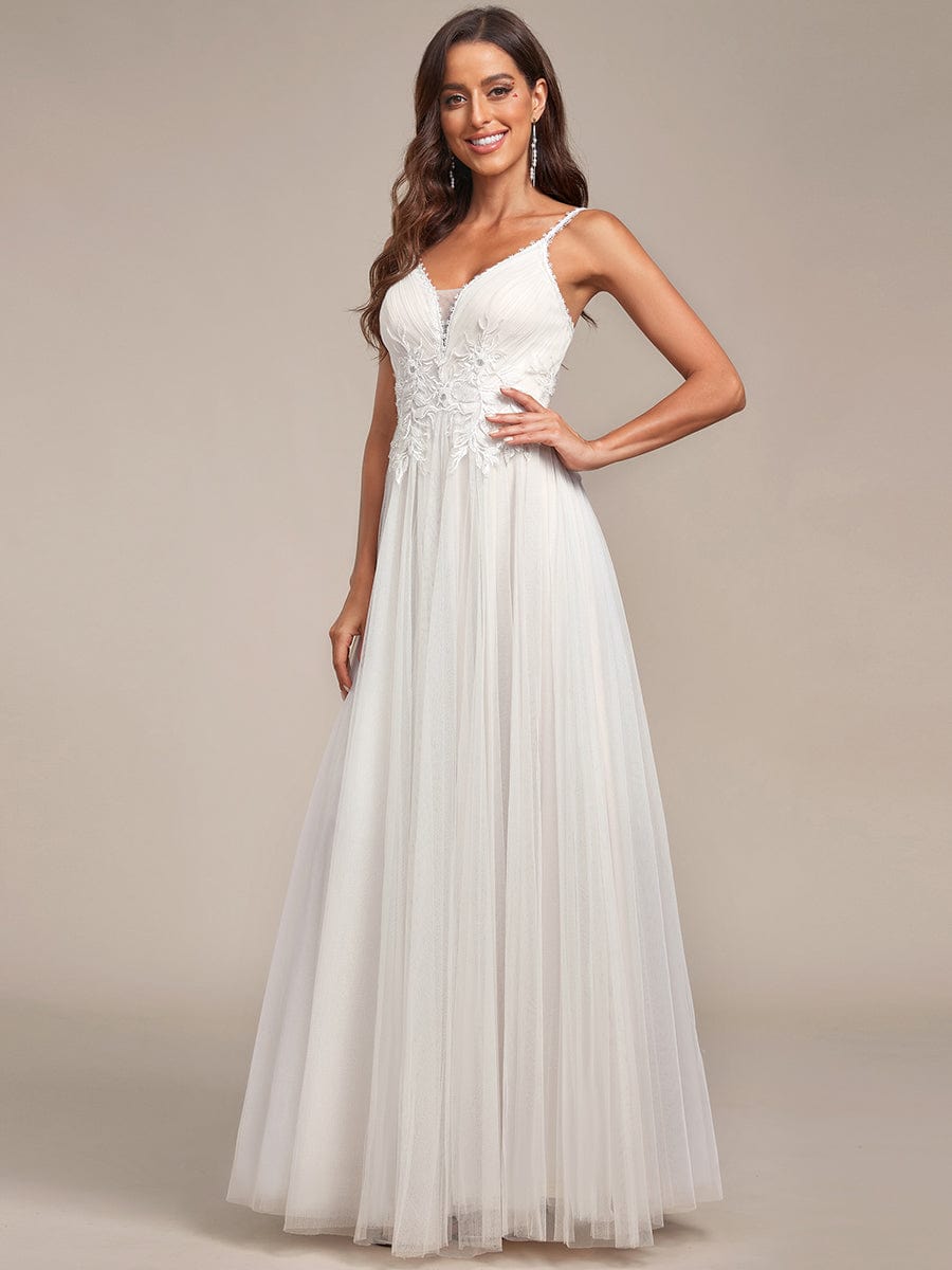 Tulle Floral Spaghetti Strap Illusion V-Neck A-Line Wedding Dress #color_Ivory