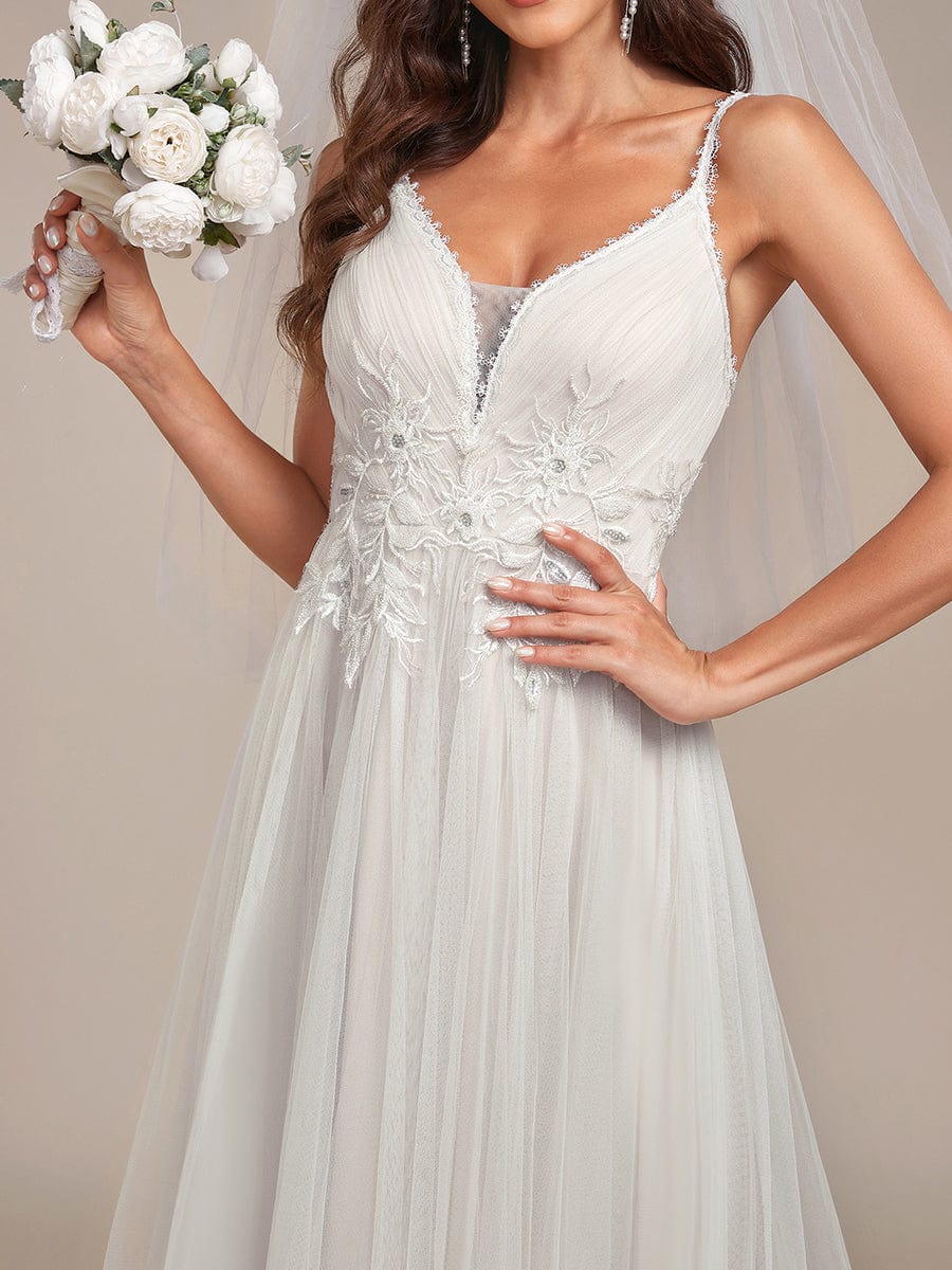 SQOSA Spaghetti Straps V-Neck Lace Appliques A-Line Tulle Rustic Wedding Dress QW2286 US14 / As Picture