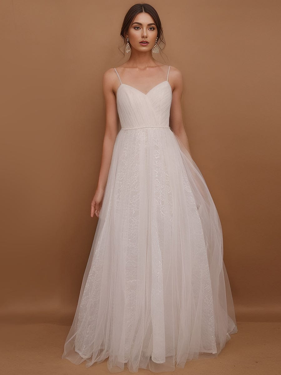 Spaghetti Strap Waist Pearl Sweetheart Collar Tulle Wedding Dress with Lace #color_Ivory