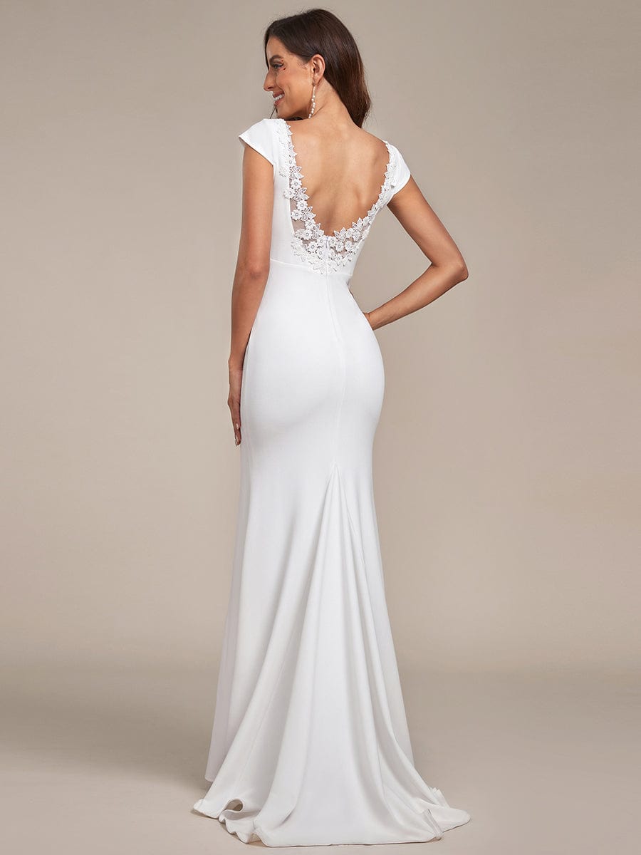 Cap Sleeve Deep V-Neck Backless Fishtail Wedding Dress #color_White