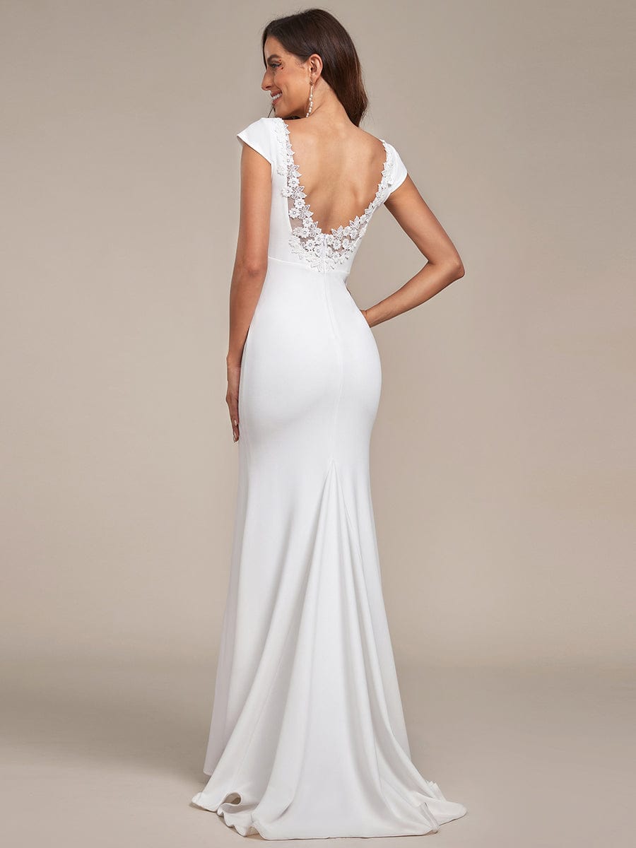 V-Neck Backless Cap Sleeve Knitted Fishtail Wedding Dress - Ever-Pretty US