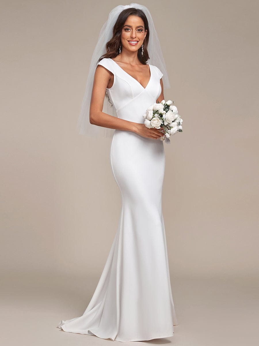 Cap Sleeve Deep V-Neck Backless Fishtail Wedding Dress #color_White