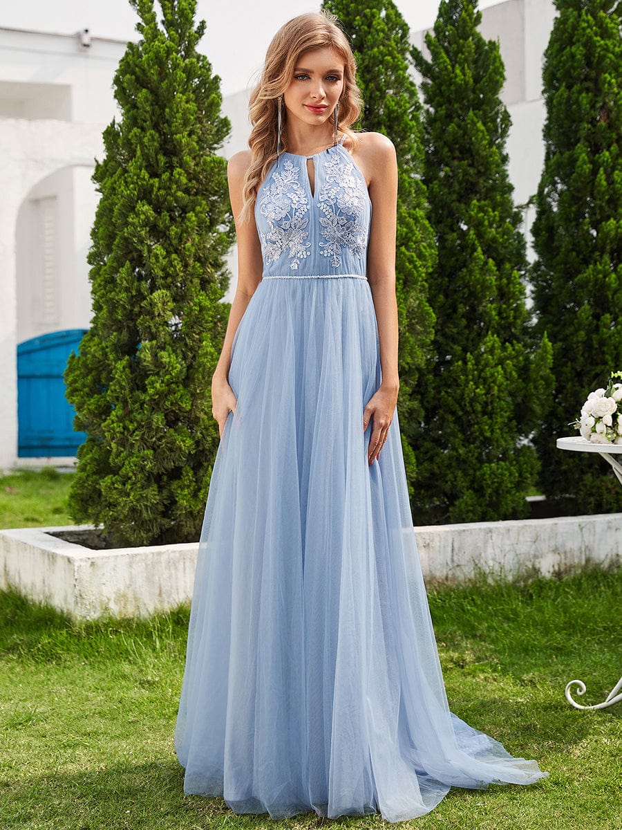 A-Line Applique Tulle Wedding Dress with Halter Neck #color_Light Blue