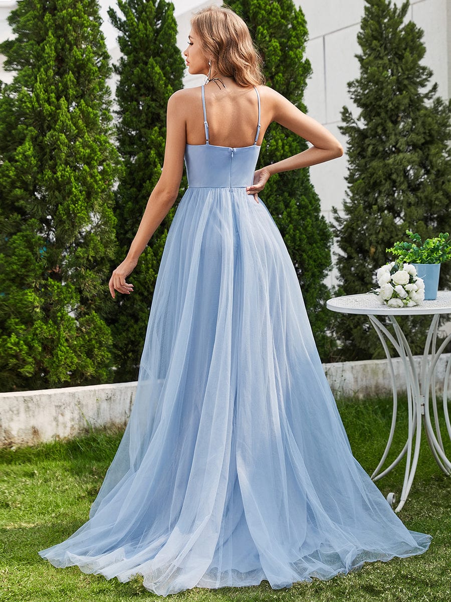 A-Line Applique Tulle Wedding Dress with Halter Neck #color_Light Blue