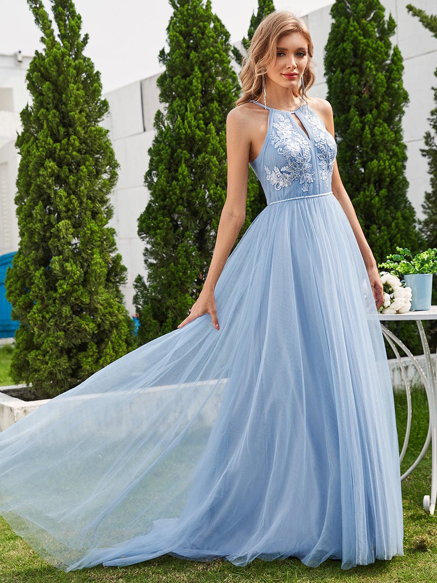 A-Line Applique Tulle Wedding Dress with Halter Neck #color_Light Blue