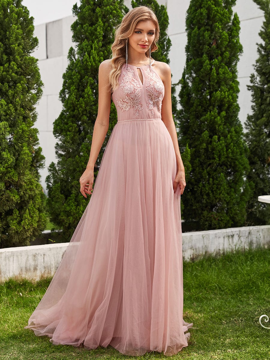 A-Line Applique Tulle Wedding Dress with Halter Neck #color_Pink