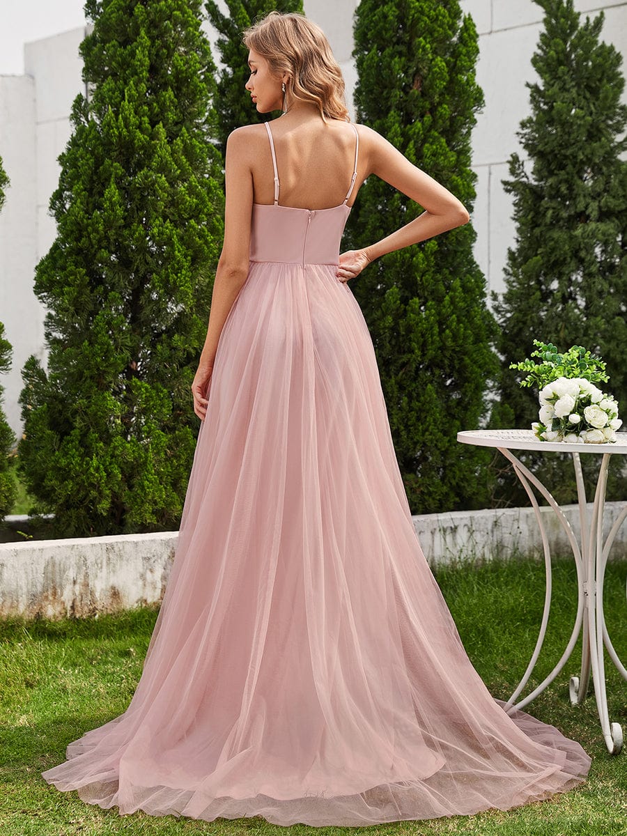 A-Line Applique Tulle Wedding Dress with Halter Neck #color_Pink