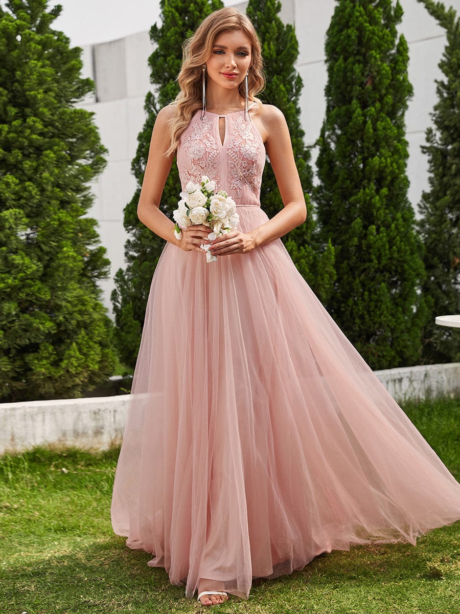 A-Line Applique Tulle Wedding Dress with Halter Neck #color_Pink