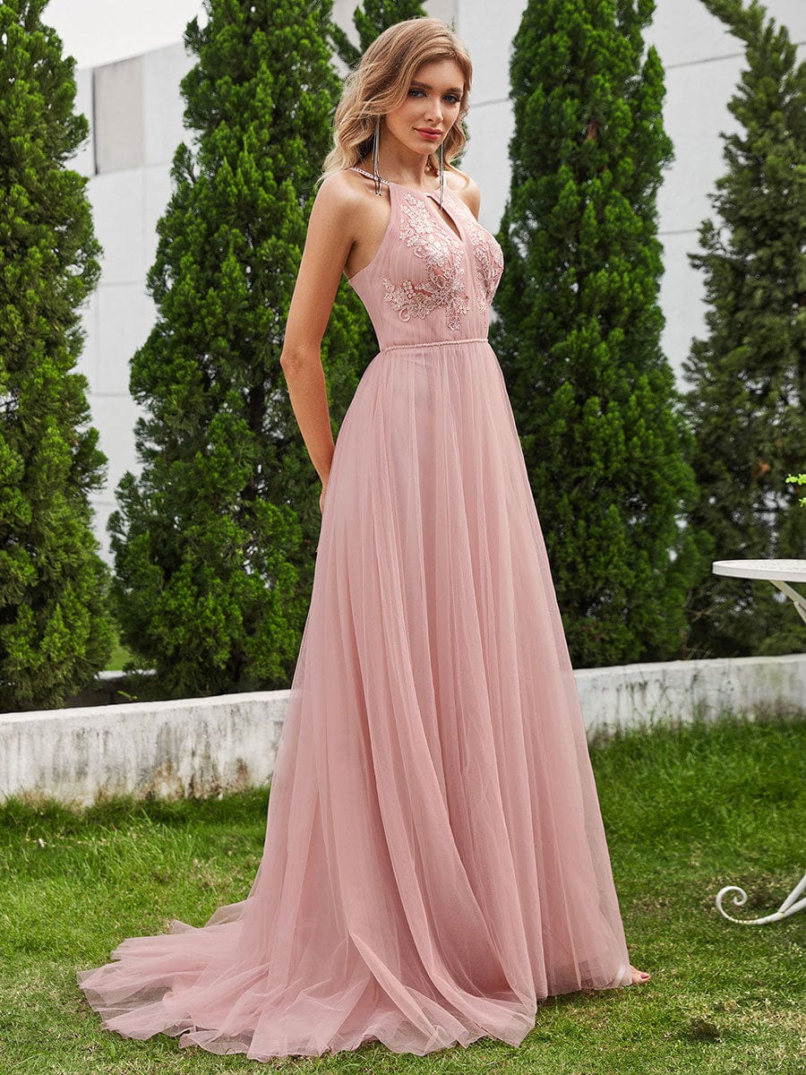 A-Line Applique Tulle Wedding Dress with Halter Neck #color_Pink