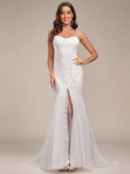 Spaghetti Strap Mermaid Lace Wedding Dresses with Asymmetric Tail VW2120 -  Ivory / Custom Size