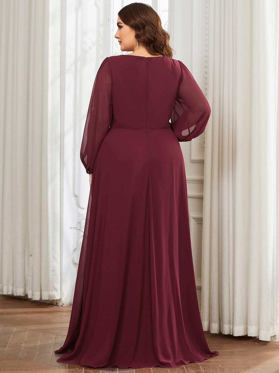 Elegant Chiffon V-Neckline Long Sleeve Formal Evening Dress #color_Burgundy