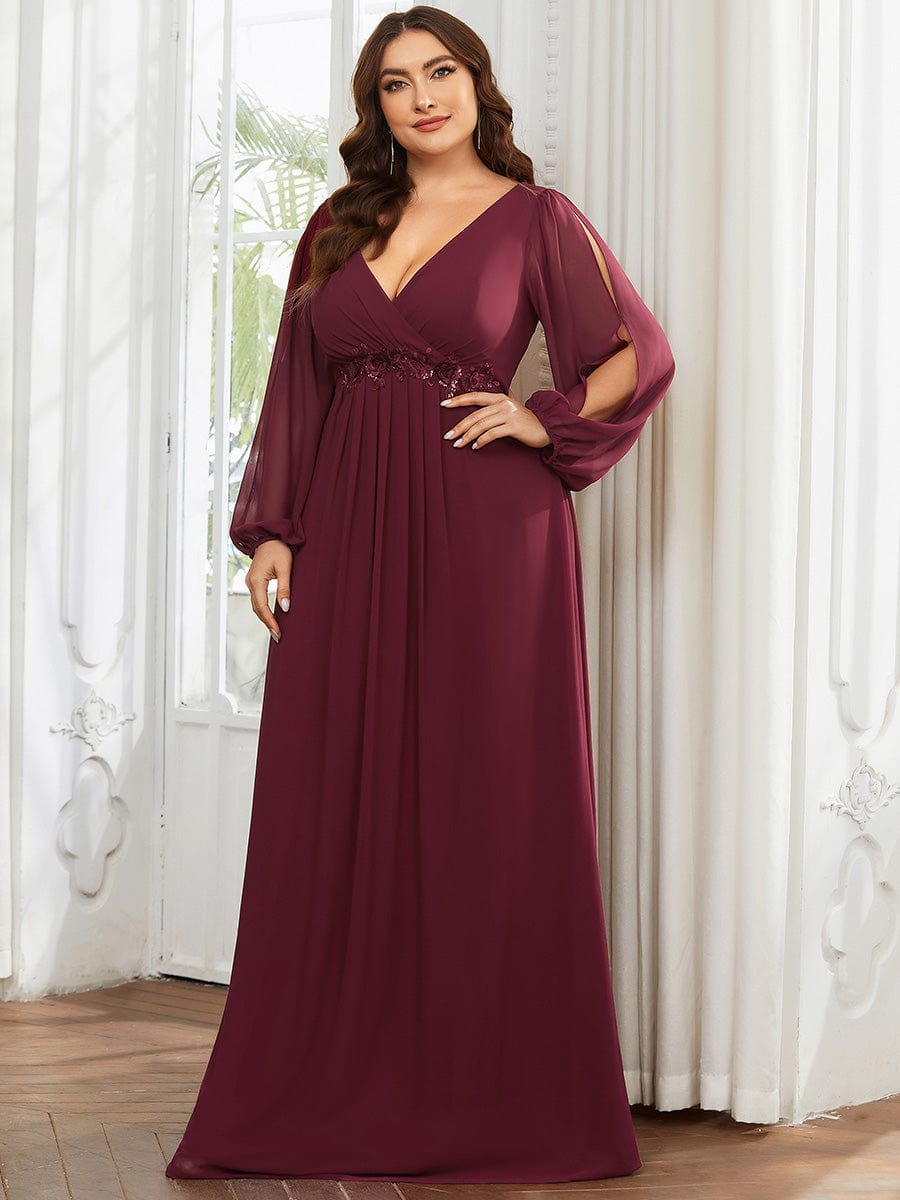 Elegant Chiffon V-Neckline Long Sleeve Formal Evening Dress #color_Burgundy