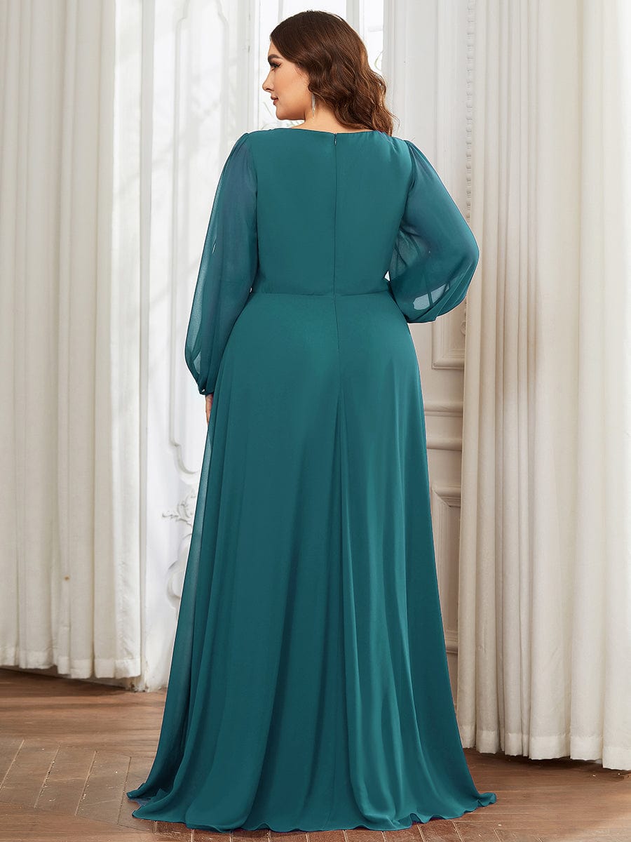 Elegant Chiffon V-Neckline Long Sleeve Formal Evening Dress #color_Teal