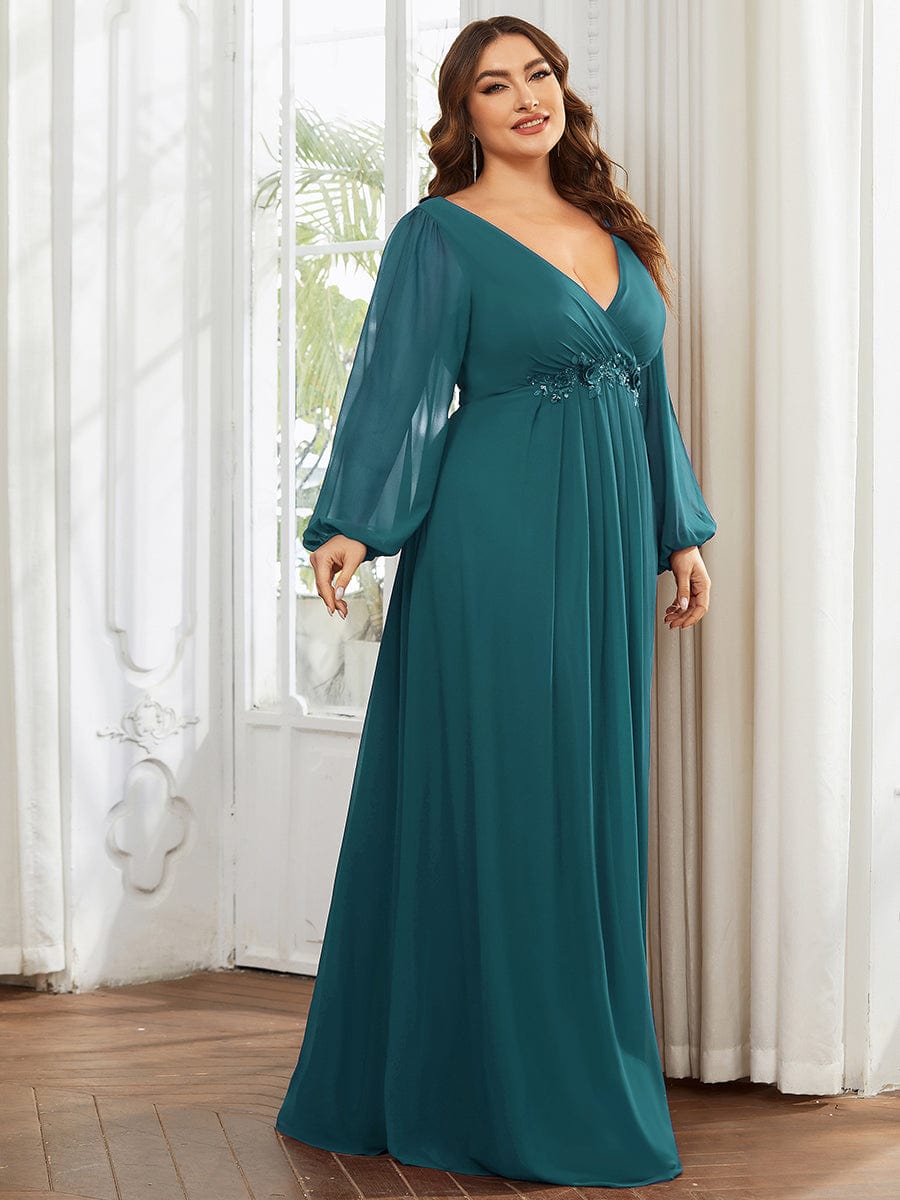 Stylish Plus Size Chiffon Formal Evening Dresses with Long Lantern Sleeves #color_Teal