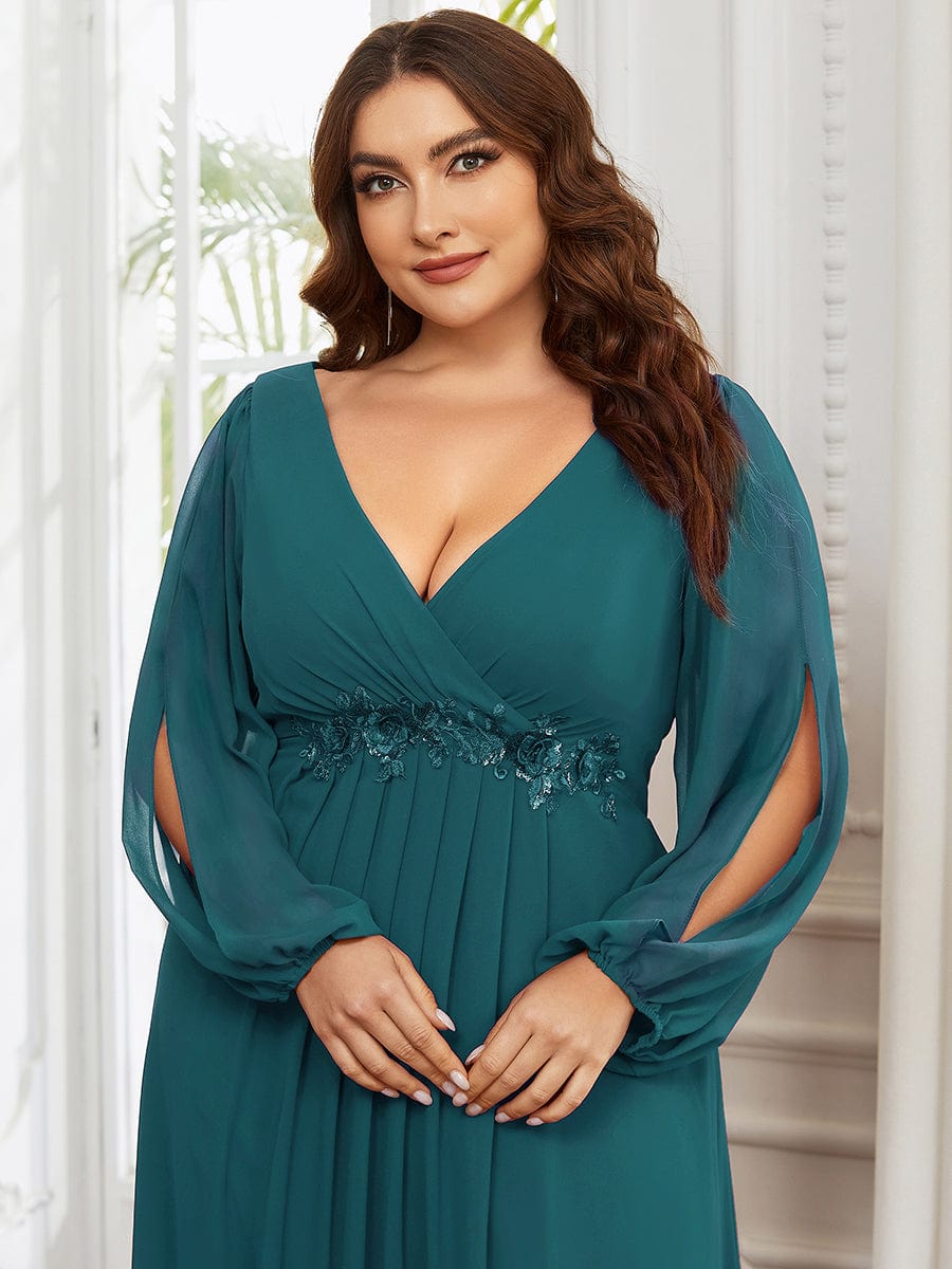 Stylish Plus Size Chiffon Formal Evening Dresses with Long Lantern Sleeves #color_Teal