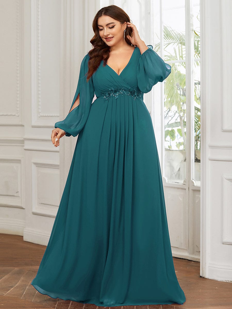 Elegant Chiffon V-Neckline Long Sleeve Formal Evening Dress #color_Teal