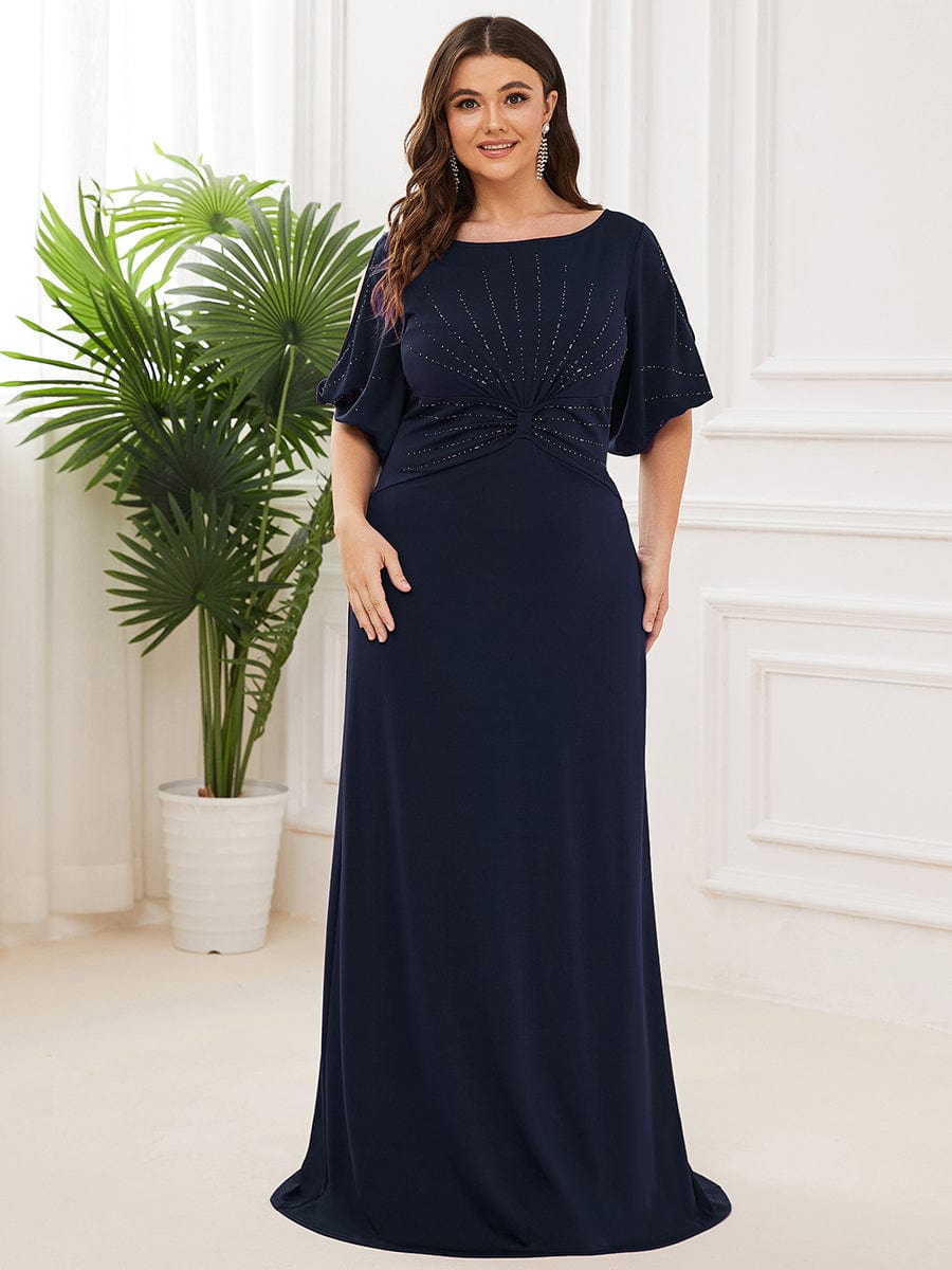 Trendy Round Neck Long Bodycon Evening Dress with Sleeves #color_Navy Blue