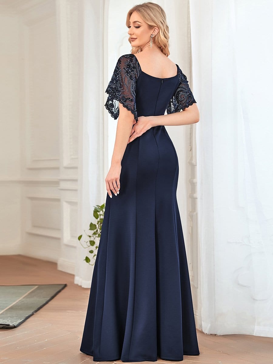 Sexy V Neck Maxi Bodycon Party Dress with Flare Sleeves #Color_Navy Blue