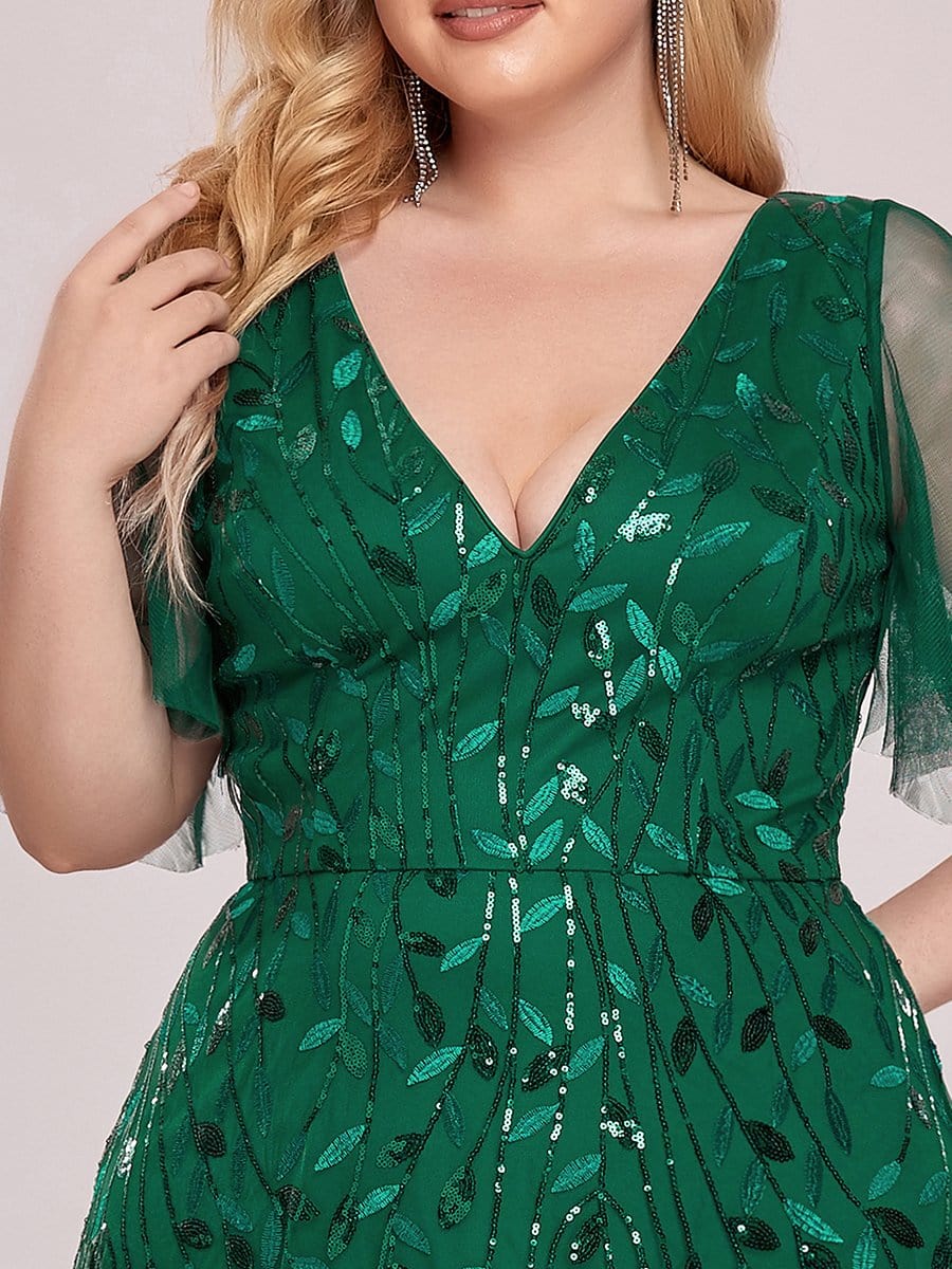 Shimmery V Neck Ruffle Sleeves Sequin Maxi Long Evening Dress #color_Dark Green 