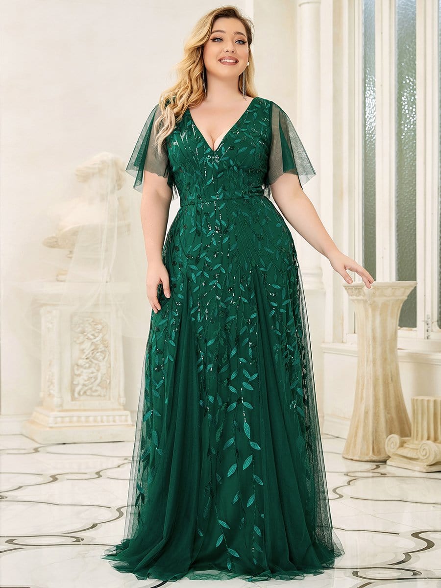 Shimmery V Neck Ruffle Sleeves Sequin Maxi Long Evening Dress #color_Dark Green 