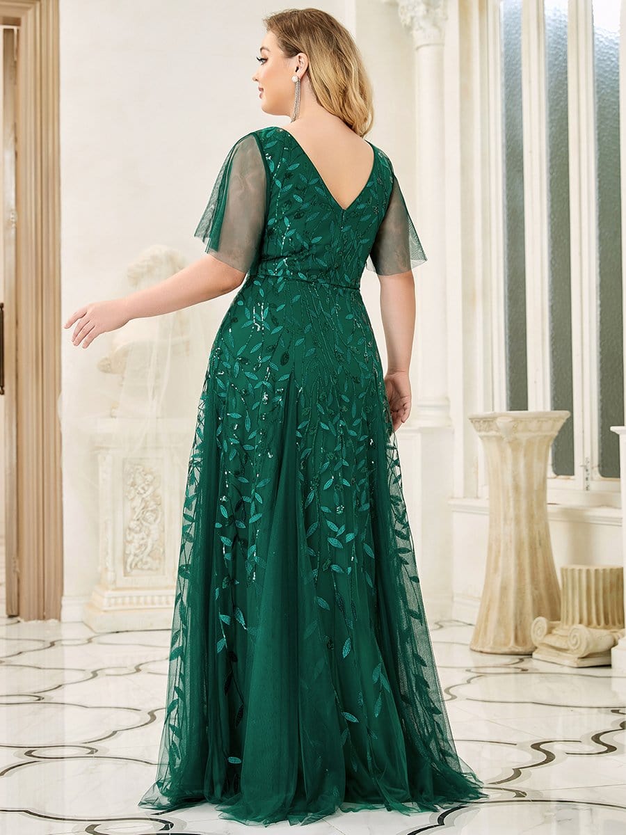 Shimmery V Neck Ruffle Sleeves Sequin Maxi Long Evening Dress #color_Dark Green 