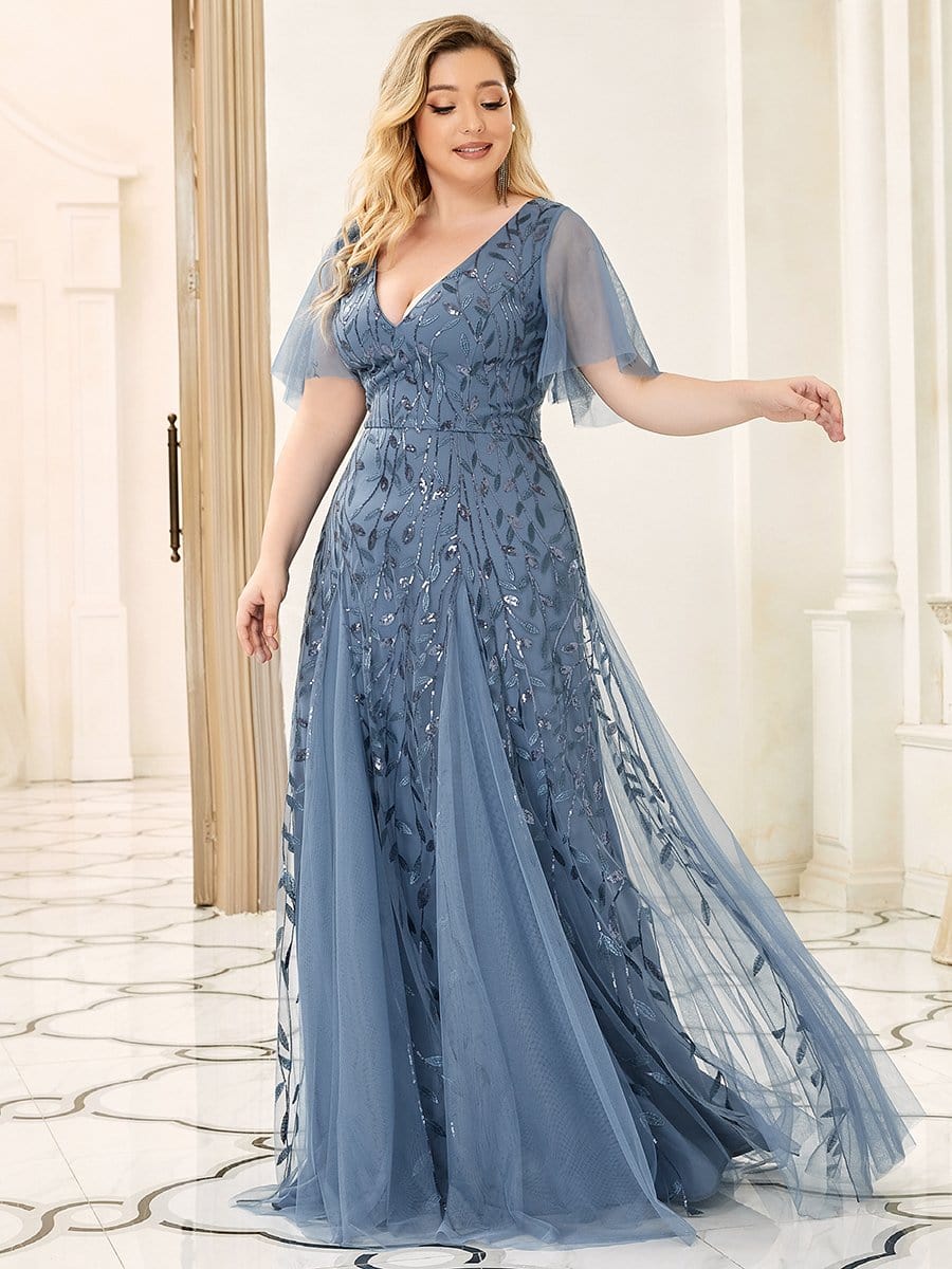 Shimmery V Neck Ruffle Sleeves Sequin Maxi Long Evening Dress #color_Dusty Blue