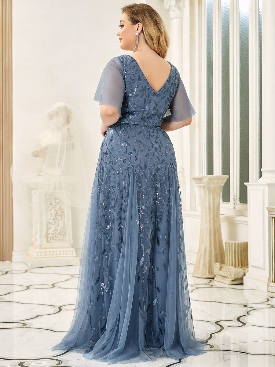 Shimmery V Neck Ruffle Sleeves Sequin Maxi Long Evening Dress #color_Dusty Blue