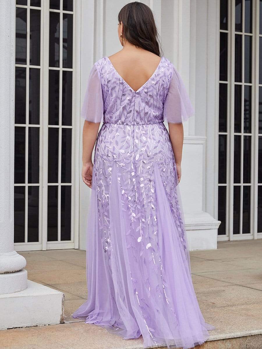 Shimmery V Neck Ruffle Sleeves Sequin Maxi Long Evening Dress #color_Lavender 