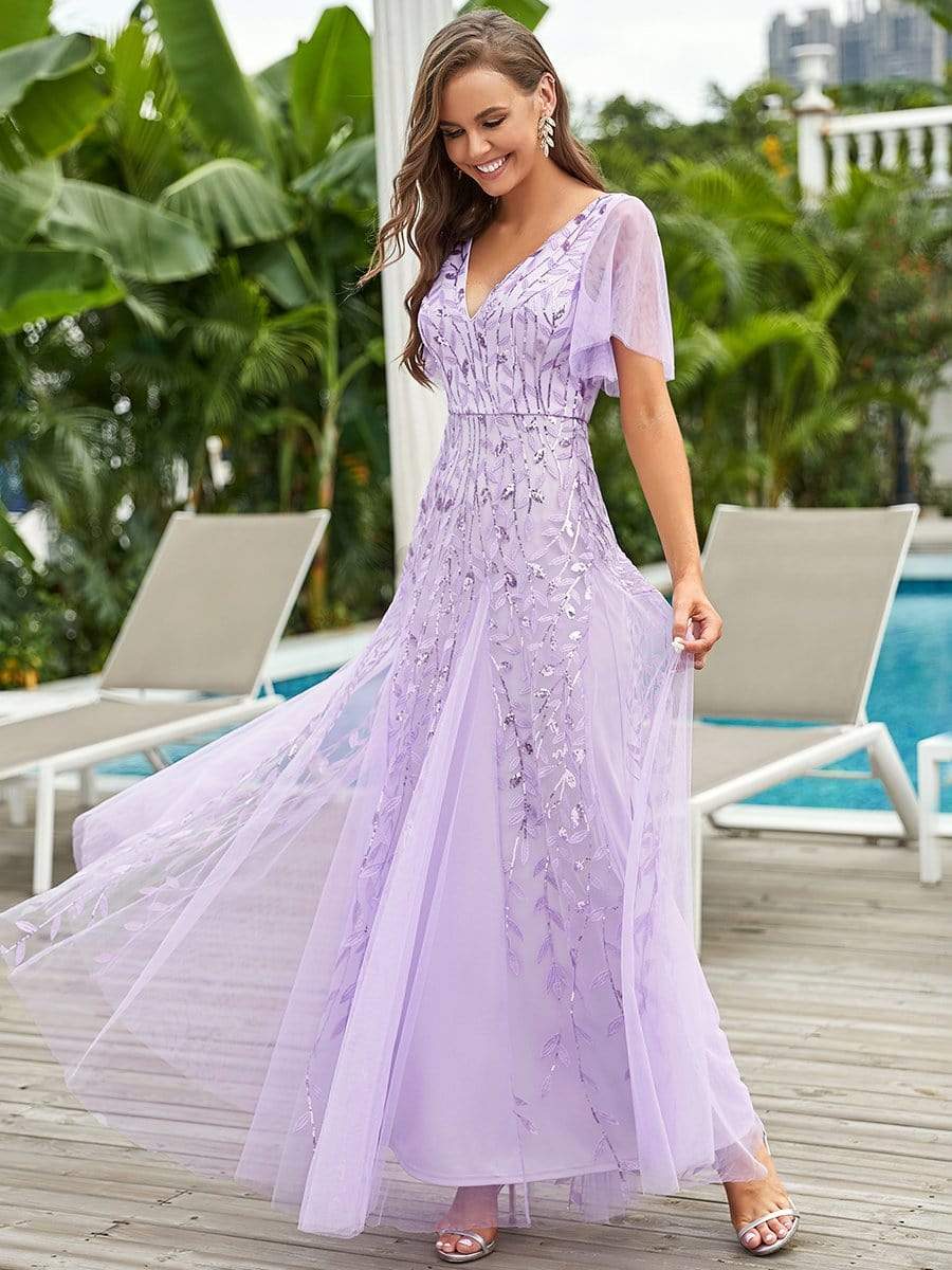 Shimmery V Neck Ruffle Sleeves Sequin Maxi Long Evening Dress #color_Lavender 