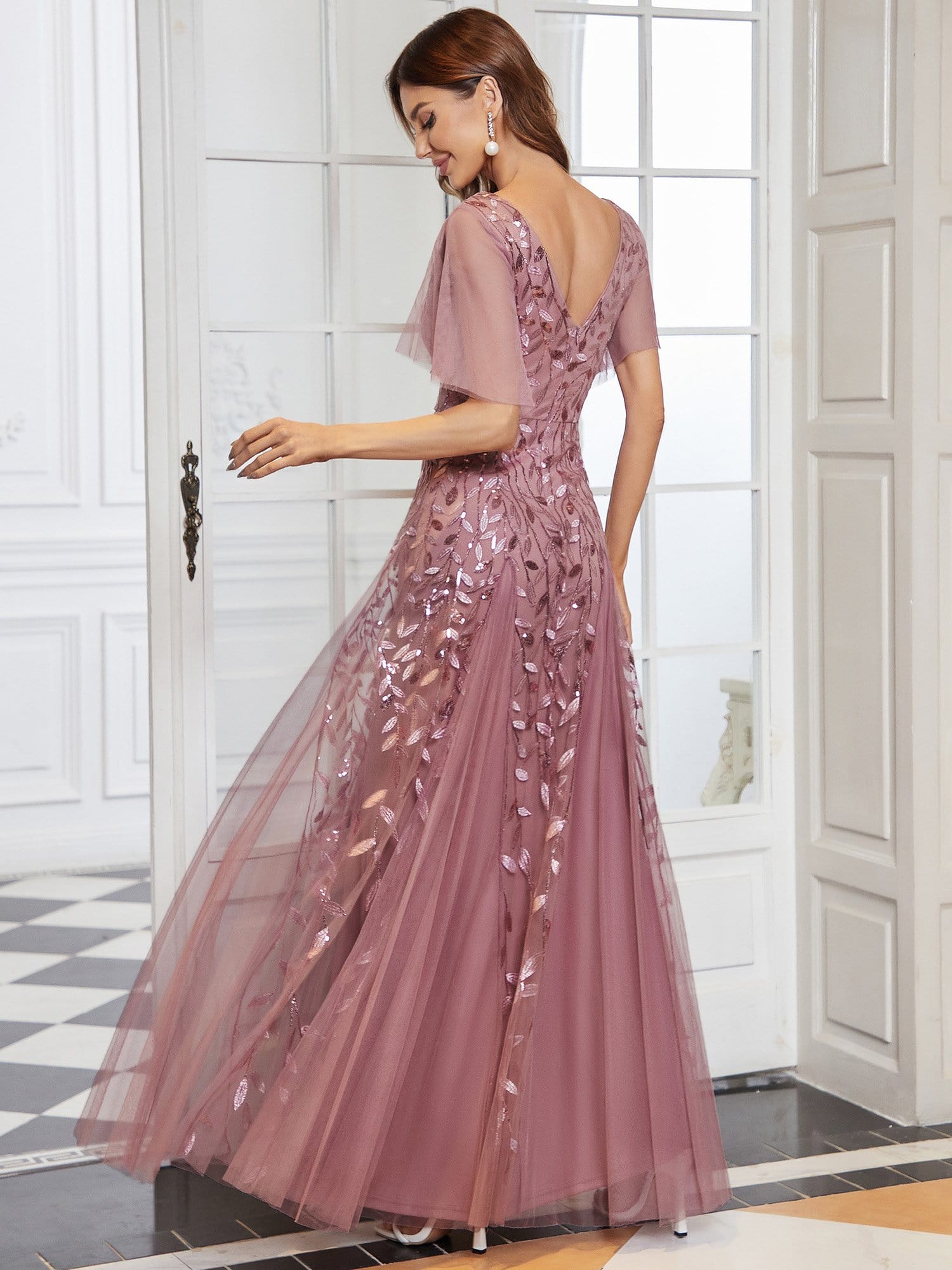 Shimmery V Neck Ruffle Sleeves Sequin Maxi Long Evening Dress #color_Purple Orchid 