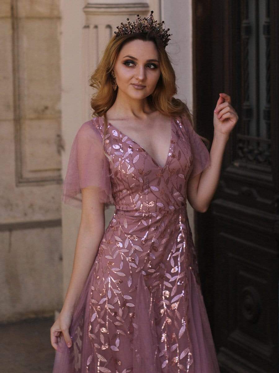 Shimmery V Neck Ruffle Sleeves Sequin Maxi Long Evening Dress #color_Purple Orchid 