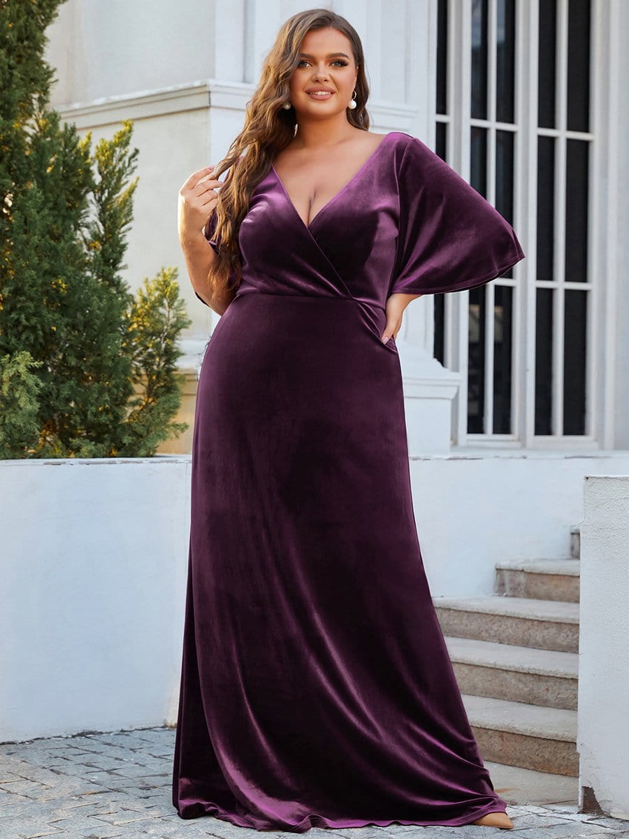 Elegant Double V Neck Velvet Party Dress with Sleeves #color_Dark Purple 