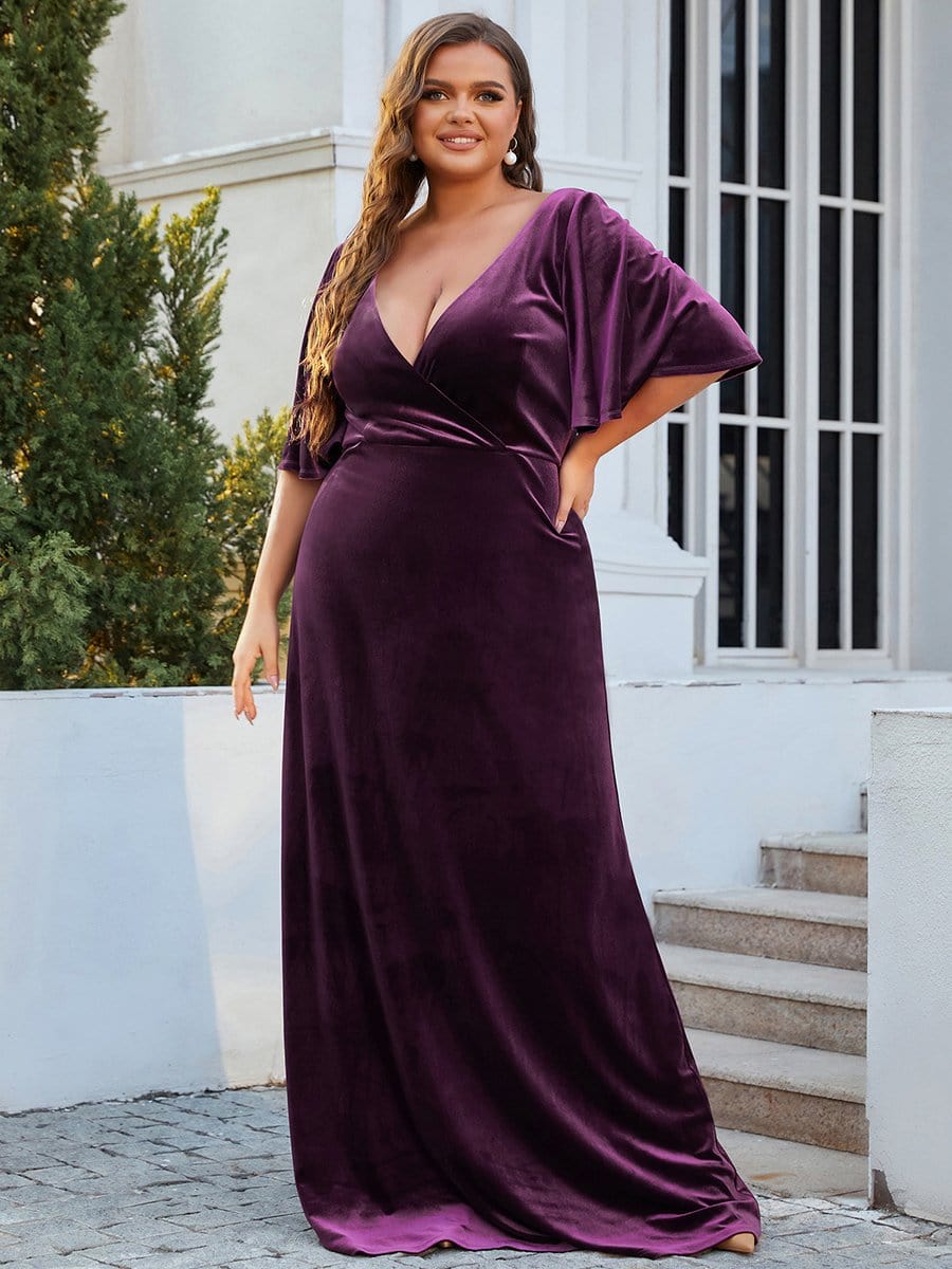 Elegant Double V Neck Velvet Party Dress with Sleeves #color_Dark Purple 