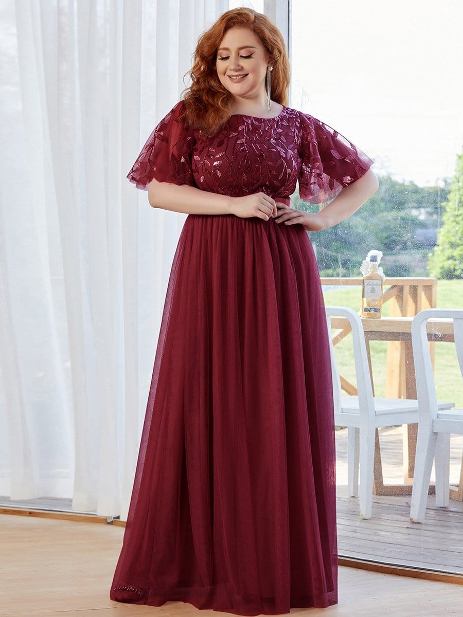 Plus Size Women's Embroidery Evening Dresses with Short Sleeve #color_Burgundy 