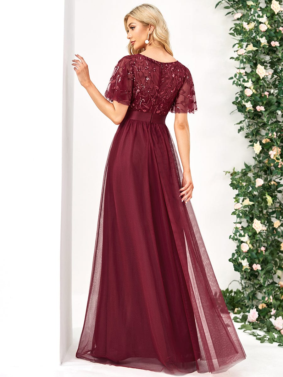 Women's A-Line Sequin Leaf Maxi Prom Dress with Sleeves #color_Burgundy