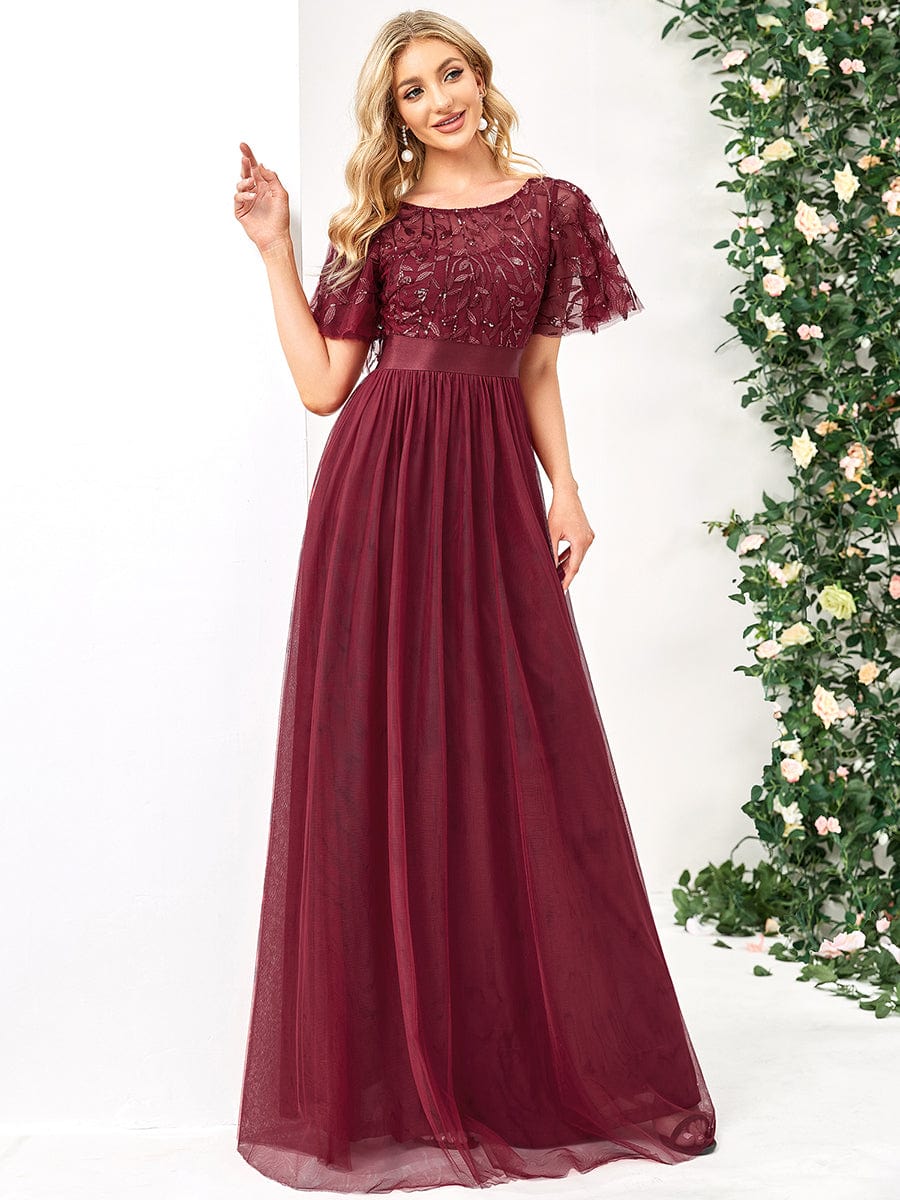 Women's A-Line Sequin Leaf Maxi Prom Dress with Sleeves #color_Burgundy