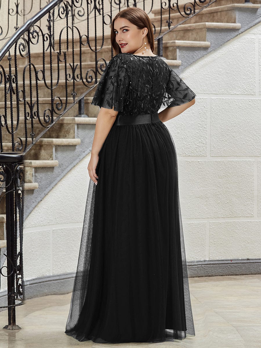 Plus Size Women's Embroidery Evening Dresses with Short Sleeve #color_Black 