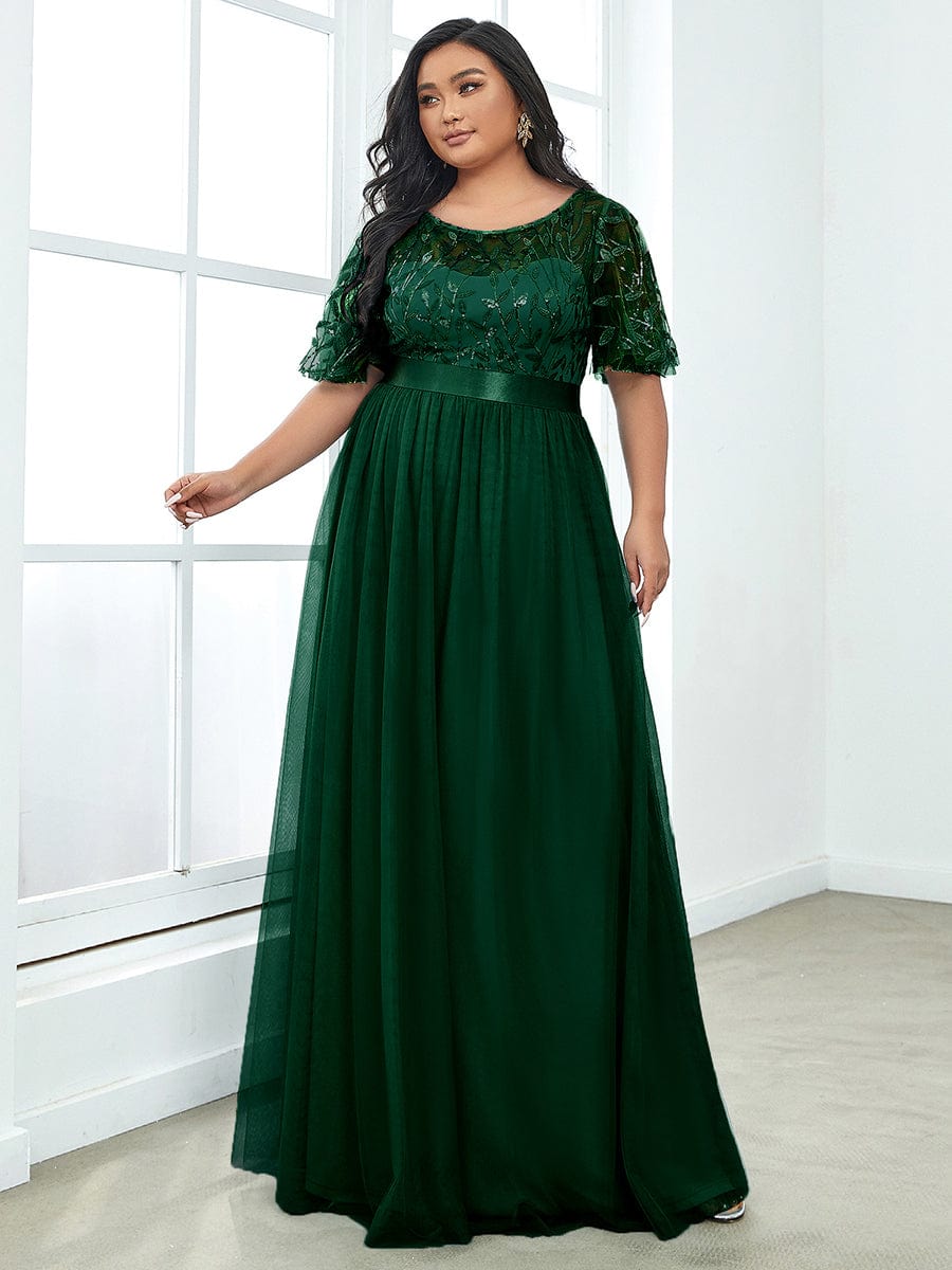 Plus Size Sequin Bodice Long Formal Evening Dresses #color_Dark Green